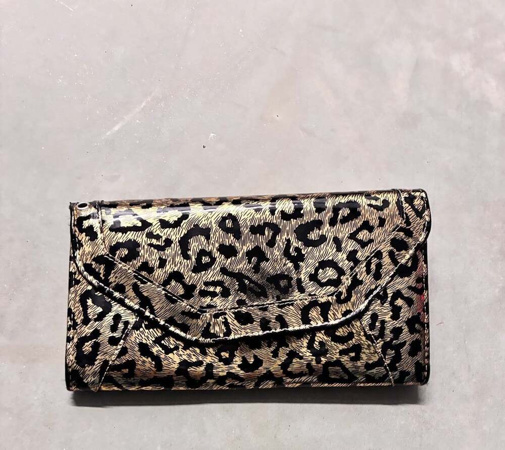 Gold and Black Leopard Print Patent Faux Leather Envelope Clutch Wallet